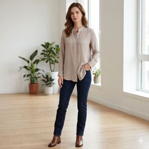 J.Jill Grey Button Front Silk Blouse Long Sleeves XS Petite Office Career